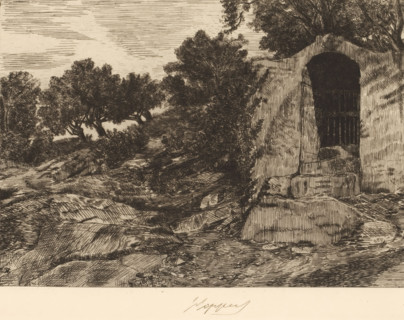 Chapel-shaped ruin with fence in rocky landscape, print, printmaker: Karel Theodoor Hippert, 1849 -