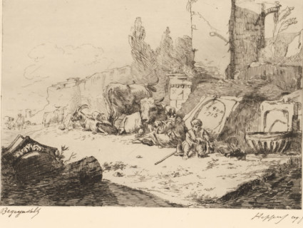 Herd of cattle resting by a ruin, print, printmaker: attributed to Karel Theodoor Hippert, 1849 -