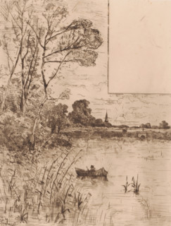 Man in a rowing boat at the setting sun, print, printmaker: Louis Adolphe Jacobs, 1865 - 1910,