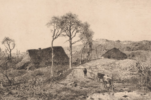 Drinking cow in a landscape with two farms, print, printmaker: Lambert Jacquelart, 1830 - 1910,