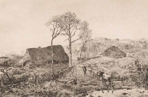 Drinking cow in a landscape with farms, print, printmaker: Lambert Jacquelart, 1830 - 1910, paper,