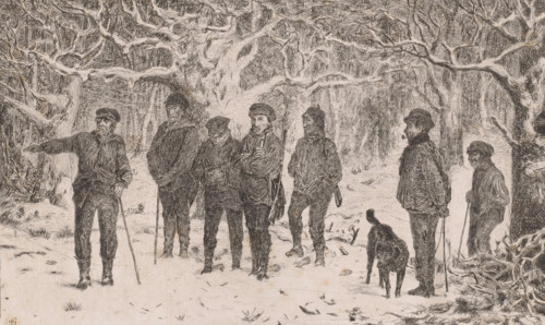 Group of hunters and beaters in a snowy forest, print, printmaker: Lambert Jacquelart, 1830 - 1910,