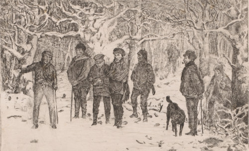 Group of hunters and beaters in a snowy forest, print, printmaker: Lambert Jacquelart, 1830 - 1910,