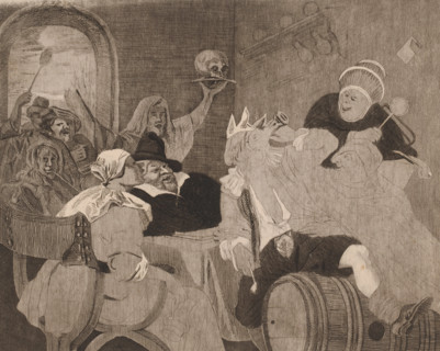 Festive company with a drinking man with a crown, Epiphany, print, printmaker: Louis Jaugey, after