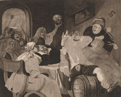 Festive company with a drinking man with a crown, Epiphany, print, printmaker: Louis Jaugey, after