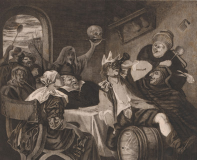 Epiphany, Festive company with a drinking man with a crown, print, printmaker: Louis Jaugey, after