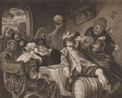 Festive company with a drinking man with a crown, La fête des rois, Epiphany, print, printmaker:
