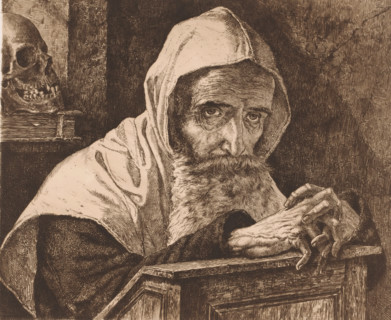 Old man with beard and hood sits with folded hands on a prayer stool, Prophet (former title),