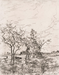 Landscape with cows and a farm, print, printmaker: Hippolyte Emmanuel Boulenger, 1847 - 1874,