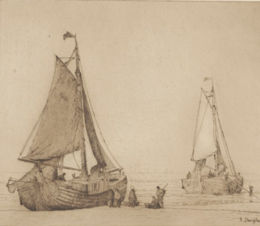 Fishing boats at Katwijk, print, Two boats on the beach of Katwijk, one lying on land and the other