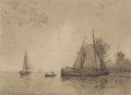 Meuse, View of the Meuse, print, View of the Meuse with two sailboats and a rowboat in the
