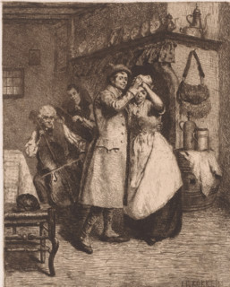 Man and a woman dancing to the direction of musicians in front of a fireplace, print, printmaker: