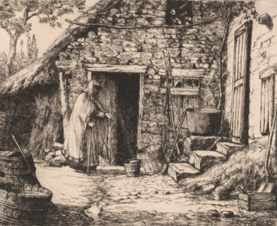 Beggar at the door of a farm, print, printmaker: Frans Van Kuyck, 1862 - 1911, paper, etching,