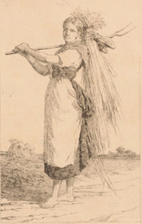 Young woman walks barefoot through the countryside with a pitchfork over her shoulder, print,