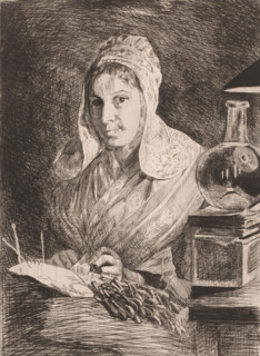 Woman making lace, print, annotation: '1er Etat de la planche', printmaker: Frans Lauwers (signed