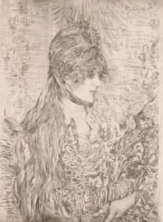 Portrait of an unknown young woman with a bouquet in her arms, print, annotation: '1er Etat',