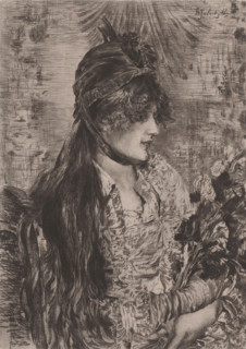 Portrait of an unknown young woman with a bouquet in her arms, print, printmaker: Frans Lauwers,