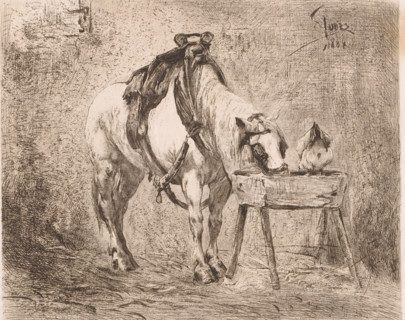 Horse and a chicken at a manger, print, annotation: 'First state', printmaker: Frans Lauwers
