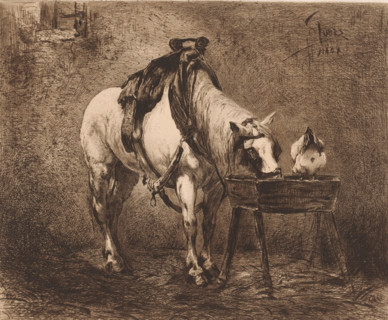 Horse and a chicken at a feeding trough, print, workshop stamp: 'Antwerpsche Etsers 1880',