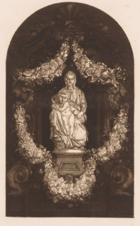 Image of Christ and Mary in a floral wreath, Bruges Madonna, print, printmaker: Josef Lemmens