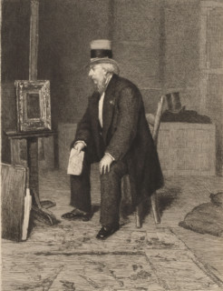Interior with a man in a top hat viewing a painting, print, inscription: 'Terminé', printmaker: