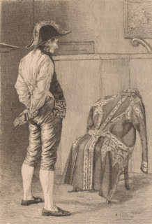 Man with a clothes brush looks at his coat hanging over a chair, print, inscription: '1er etat',