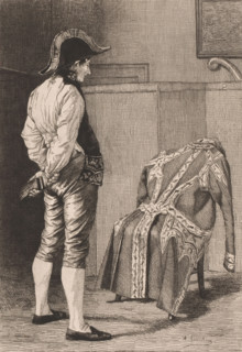 Man with a clothes brush looks at his coat hanging over a chair, print, inscription: 'LLeNain 2m