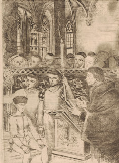 Emperor Charles V being taught, print, printmaker: Henri Leys (baron), 1825 - 1869, paper, etching,