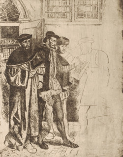 Plantijn and three others in the printing house, print, printmaker: Henri Leys (baron), 1825 -