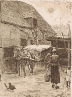 Farmer unloading hay from a wagon while the farmer's wife and son approach with a bucket, print,