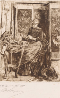 Woman working in an interior, print, annotation: '3me Epreuve', printmaker: Romain Looymans (signed