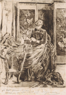 Woman working in an interior, print, annotation: '1e Etat épreuve unique Album des Smeth, paper,