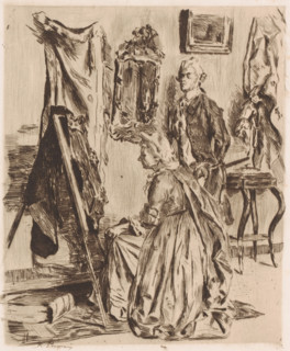 Interior with a man and woman at an easel with a framed work on it, print, annotation: '2e Etat 1