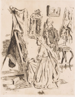 Interior with a man and woman at an easel with a framed work on it, print, annotation: '1e Etat