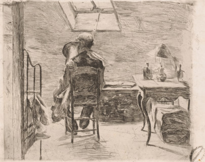 Tuba player in an attic room, print, workshop stamp: 'Cottens & Fils planeurs á Paris 52 Rue