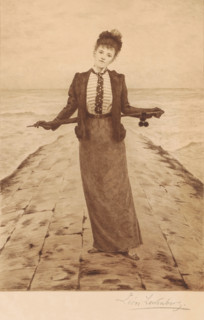 Woman on a pier, print, printmaker: Léon Lowenberg (signed by artist), c. 1875 - in or before 1912,