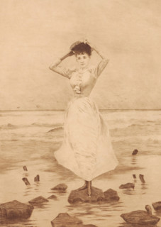 Mouettes, Young woman on a stone in the surf, print, printmaker: Léon Lowenberg (signed by artist),