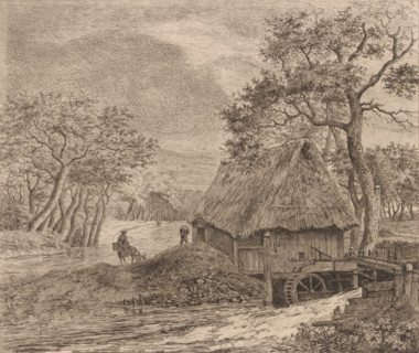Landscape with watermill, print, printmaker: Jean Théodore Joseph Linnig, after design by Meindert