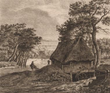 Landscape with watermill, print, printmaker: Jean Théodore Joseph Linnig, after design by Meindert