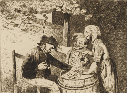 Woman pouring a glass for two men playing cards, print, printmaker: Willem Linnig (I), 1842, paper,