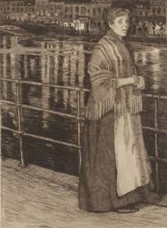 Woman by a railing by the water, Une épave, print, printmaker: François Maréchal, 1895, paper,