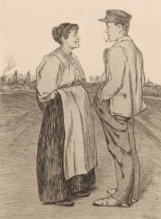 A Proposition, Man and woman face each other in the field, print, printmaker: François Maréchal,