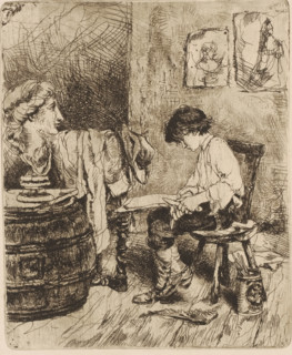 In a studio, a boy sits opposite a bust drawing, print, printmaker: Willem Linnig (II), 1852 -