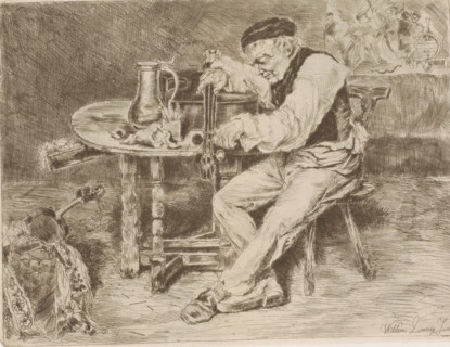 Musician strings a cello in front of him on a table, print, printmaker: Willem Linnig (II), 1852 -