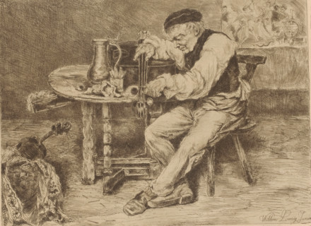 Musician strings a cello in front of him on a table, print, printmaker: Willem Linnig (II), 1852 -