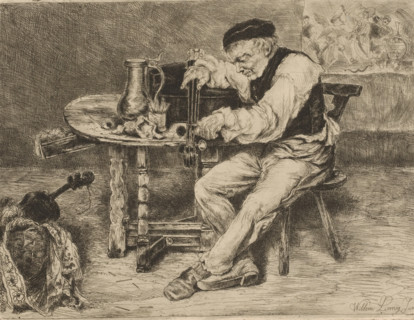 Musician strings a cello in front of him on a table, print, printmaker: Willem Linnig (II), 1852 -