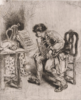 Hornist studies the sheet music Fraises au Champagne, print, printmaker: Willem Linnig (II), 1852 -