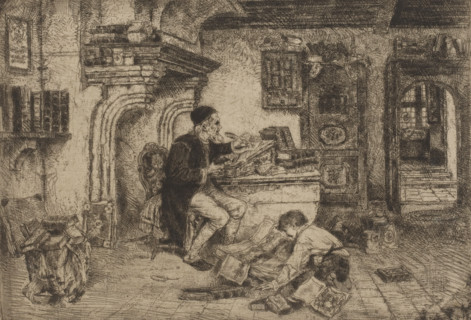 Writing man and reading boy, print, printmaker: Willem Linnig (II), 1852 - 1890, paper, etching,