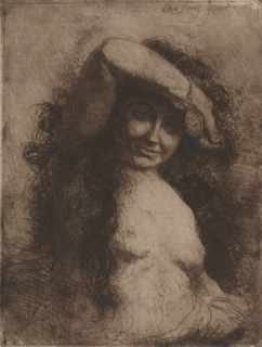 Woman with bare torso, print, printmaker: Willem Linnig (II), 1852 - 1890, paper, etching, intaglio