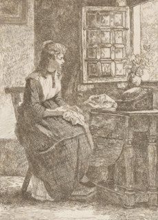 Girl doing needlework in front of an open window, print, printmaker: Willem Linnig (II), 1878,